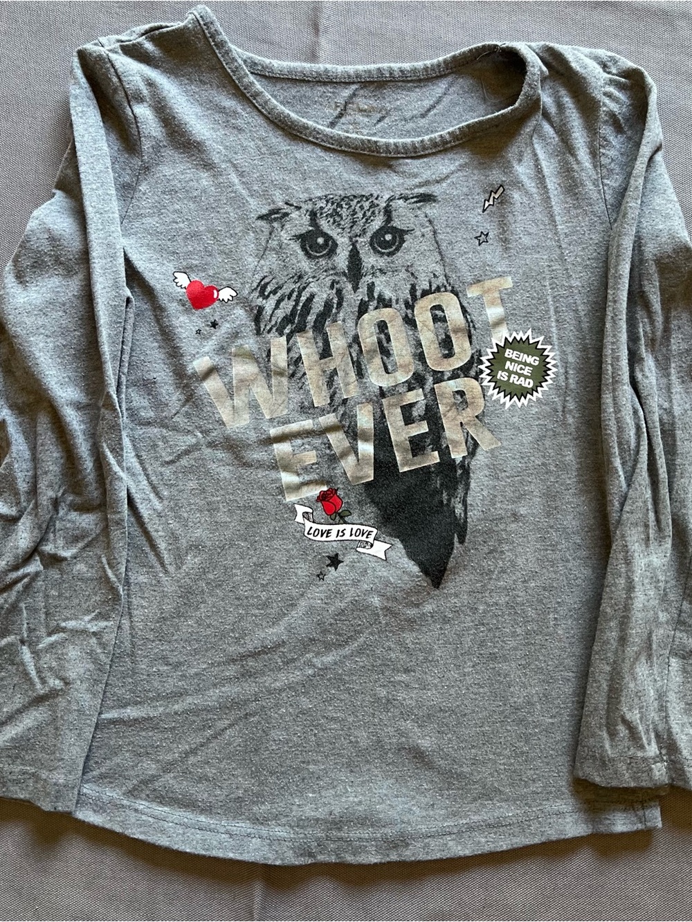 Arizona Love Grey Long-Sleeve Tee with Owl Graphic and Red Heart Accents